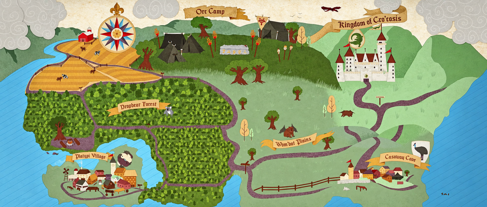 Quest world map showing Dropbear Forest beside Platypi Village and the Kingdom of Cro’cosis